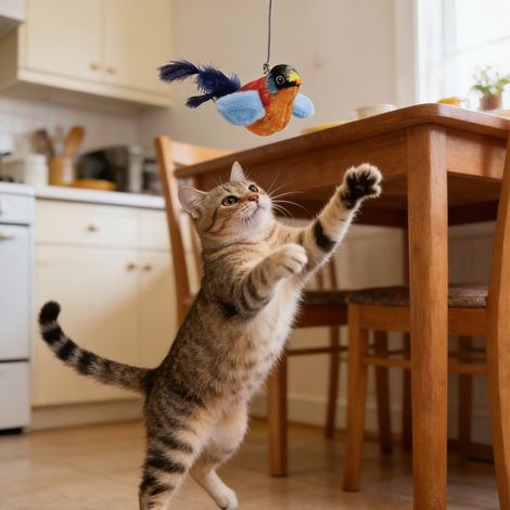 Jouet Chat Oiseau Interactif - Peluche Réaliste Plumes, Sons Activés par Toucher, Polyester Durable, Rouge Orange pour Félin