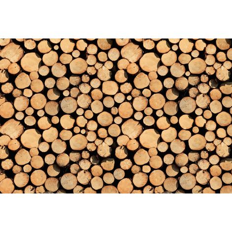 Papier peint panoramique trompe l'oeil bois | Tapisserie panoramique 3D rondin de bois marron | Papier peint panoramique pour escalier & salon - 267 x 400 cm (4 pièces) (1/2)