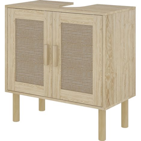 Meuble sous lavabo 2 portes rotin pieds bois pin chêne Ebenex 60x30x60 cm