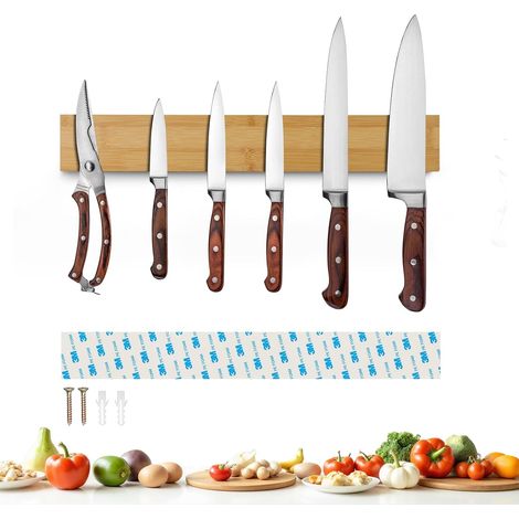 Porte Couteaux Aimanté 40cm, Bambou Aimant Couteau Mural, Barre Aimantée pour Couteaux et Ustensiles, Barre Magnétique sans Perçage pour Cuisine (1/5)