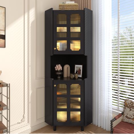 Schwarzer Eck-Schrank mit Lackschicht & LED-Beleuchtung – Multifunktionale Ecken-Kommode für Wohnzimmer, Bücherregal, Badezimmer, Schlafzimmer, Esszimmer, MDF-Platte mit schwarzer Lackoberfläche (1/5)