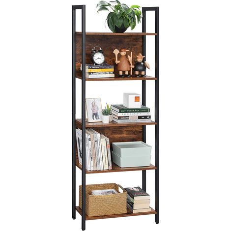 Songmics – Bibliothèque 5 niveaux en acier noir et panneaux bruns rustiques – Étagère de rangement pour bureau, salon, cuisine – LLS025B01