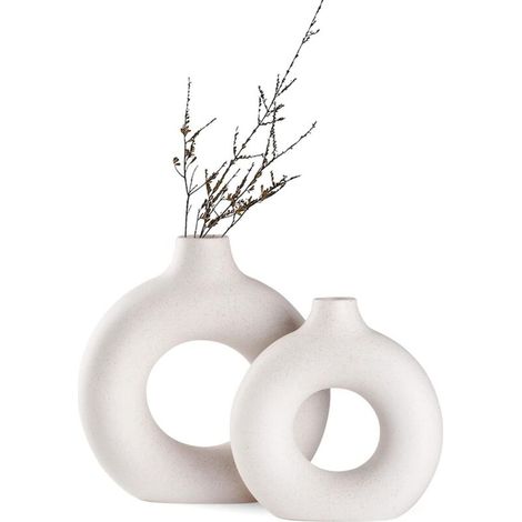 Lot de 2 Vases Céramique Blancs Ronds Mats Style Nordique Minimaliste Décoration Intérieure (1/4)