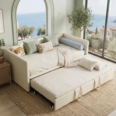 Canapé-lit convertible 90/180x200 cm, Canapé droit 2 places – Sommier à lattes – Velours doux, Lit Gigogne Scandinave - Beige (1/5)