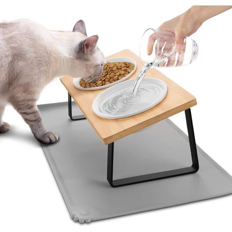 Gamelle haute pour chat, gamelle ergonomique en céramique avec support en bambou, convient aux chats adultes et aux chatons, jaune. (1/5)
