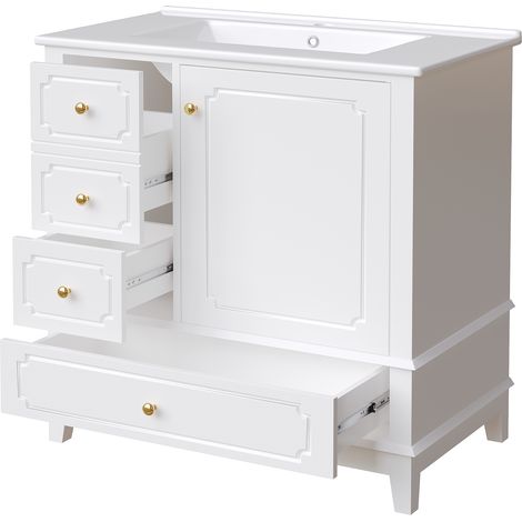 Meuble sous-lavabo blanc, 76,5 cm, lavabo céramique, poignées dorées, antibactérien, trop-plein, grand rangement (1/5)