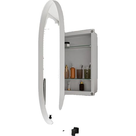 Armario con espejo, diseño empotrado, estantes ajustables, forma ovalada, color blanco. (1/2)