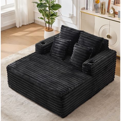 Canapé-lit chaise longue surdimensionné en velours noir, dossier segmenté, accoudoirs avec porte-gobelets, assise moelleuse pour se détendre, lire ou dormir sans montage – CHICFURN (1/5)