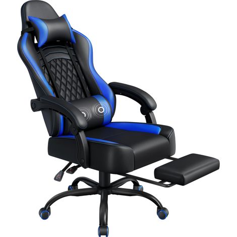 Chaise Gaming avec Massage, Fauteuil Gaming Ergonomique avec Repose-Pieds Rétractable, Hauteur Réglable, Dossier Inclinable à 135°, Chaise de Bureau en Similicuir (Bleu) (1/5)