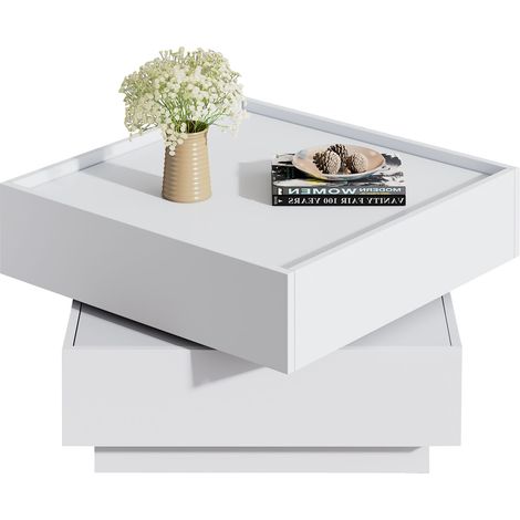 Table basse fonctionnelle 60 x 60 x 38 cm pivotante à 360°, double niveau avec rangement, structure blanche (1/5)
