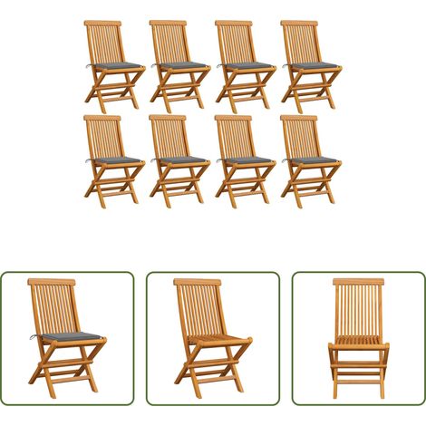 Teakholz - Gartenstühle mit Grauen Kissen 8 Stk. Massivholz Teak (1/5)