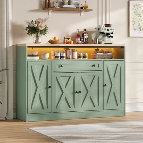 Buffet de cuisine 140x35x95 cm - éclairage led - grand rangement - commande par application - 4 portes - avec tiroirs - mdf - vaisselier - vert (1/5)