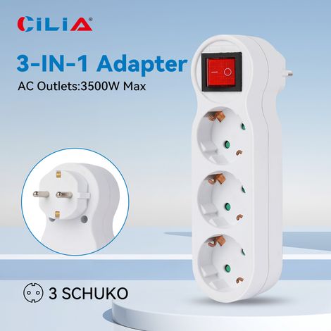 Multiprise CILIA avec interrupteur, 3 prises Schuko 16 A/250 V, protection enfant, format plat 3 en 1, charge sécurisée 3 500 W, adaptateur universel standard allemand, blanche
