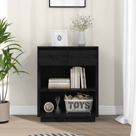 Armoire console noire 60 x 34 x 75 cm en pin massif avec tiroirs et compartiments - PANGIVO (1/5)