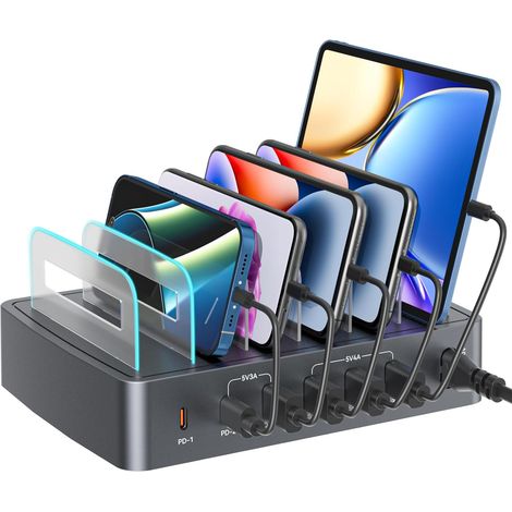 Station de charge USB-C 72 W à 6 ports pour appareils multiples, charge rapide 45 W (PD) pour iPhone 14/13, 2 ports USB-C et 4 ports USB-A, 7 séparateurs amovibles, sans câbles de charge, compatible s (1/5)