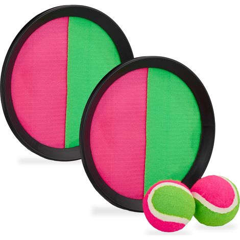 Relaxdays Klettballspiel Set, 2 Bälle & 2 Handfänger, Klett Spiel, draußen, Kinder & Erwachsene, Strandspiel, pink-grün