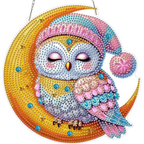 Diamond Painting Anhänger Eule Mond mit Kette, Fensterbild Bastelset 20x20cm (1/4)