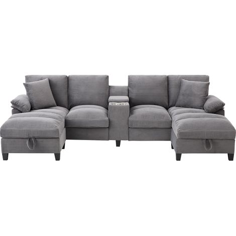 Canapé d’angle U 4 à 5 places avec coffre, velours côtelé gris, 2 USB et porte-gobelet, pour salon et appartement  CHICFURN (1/5)