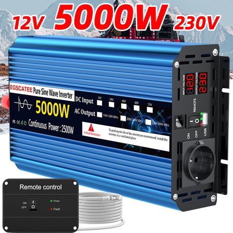 Onduleur Pur Sinus 12V DC vers 220V AC,Puissance continue 2500W, Puissance de crête 5000W,Convertisseur de tension pour camping-car, bateau, véhicule