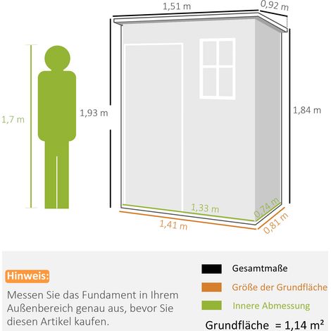 Gerätehaus Kunststoff 1,14m² 151 x 92 x 193cm Geräteschuppen mit Pultdach Boden Fenster Grau (1/5)