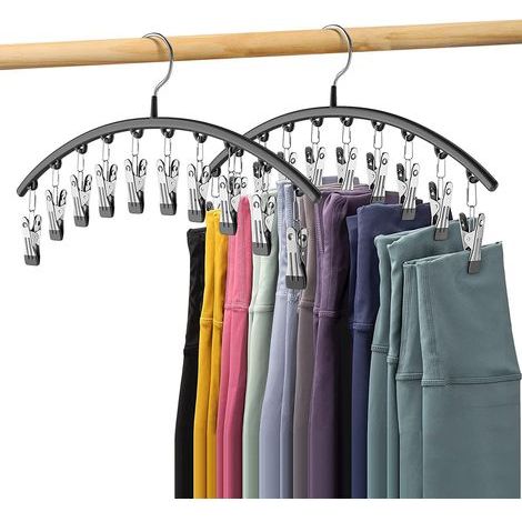 Lot de 2 cintres noirs pour leggings, cintres en métal pour pantalons de yoga, gain de place, avec 10 pinces, pouvant contenir 20 paires de leggings, organisateur de placard et rangement recouvert de (1/5)