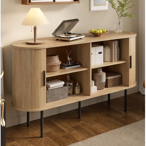Credenza in MDF naturale 140 x 40 x 78 cm con ante scorrevoli a serrandina e gambe in ferro (1/5)