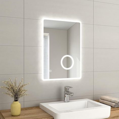 EMKE Backlit Illuminated Bathroom Mirror with Shaver Socket Wall Mounted Multifunction LED Bathroom Vanity Mirror with Touch Switch, Demister Pad and 3x Magnifier, 500x700 mm,  [Vertical]