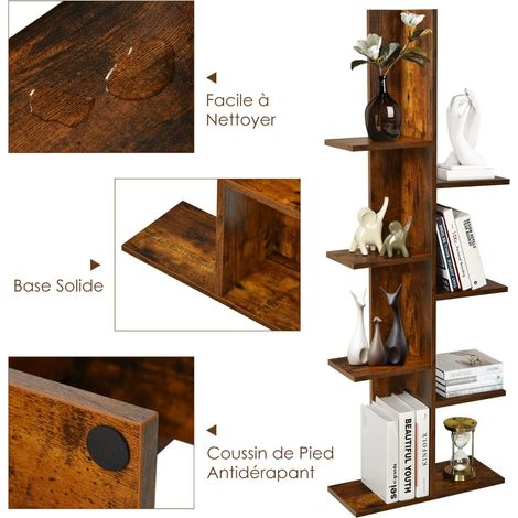 Bibliothèque arbre marron en bois 8 étagères avec pieds antidérapants et dispositif anti-basculement pour salon bureau et balcon (1/5)