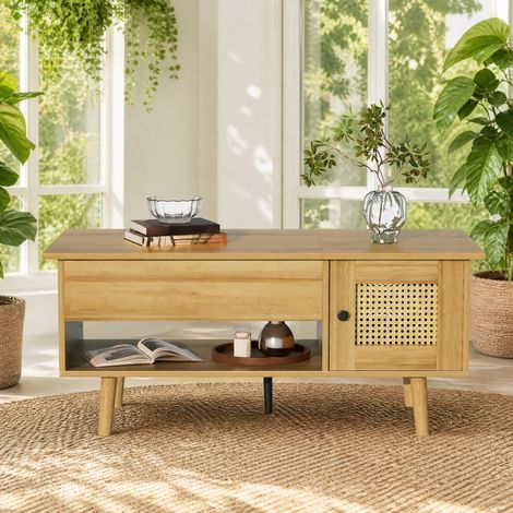 Höhenverstellbarer Couchtisch mit Rattan-Türen, Holzfarbe und Schwarz, 103 x 50 x 46 cm HAVRYA (1/5)