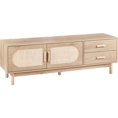 Mueble TV de aglomerado con patas de madera frente de ratán estilo boho marrón claro Costello