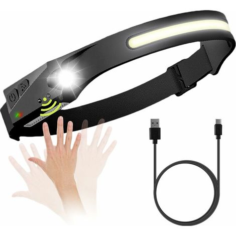 DEESSE SHOP - Lampe frontale LED rechargeable par USB, 600 lumens, 5 modes, capteur de mouvement, étanche IPX4, vision à 230 degrés, idéale pour la course, la pêche, le camping, la randonnée (1/5)