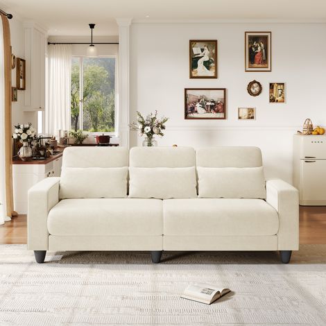 Dreisitzer-Sofa aus beige Chenille-Gewebe, integriertes Lendenkissen + abnehmbares waschbares Kissenbezug für Kissen, Federkernkomfort, 220x81x88cm