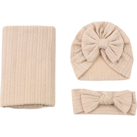 Lot de 3 langes et bandeau, coton et polyester, texture blé, couleur unie, extensible, emmaillotage, marron clair (1/5)