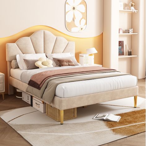 Cama doble elegante 140x190 cm de terciopelo beige, cabecero concha ajustable, somier de láminas y patas doradas (1/5)