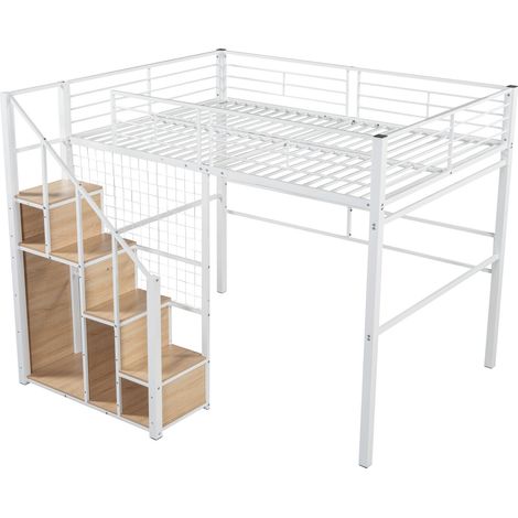 Lit mezzanine métal blanc 140x200 cm avec escalier, garde-corps haut et rangement intégré (1/5)