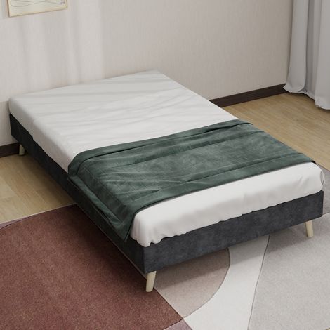 Cadre de lit moderne et minimaliste, 90x200 cm, gris, tissu en velours hollandais, base basse, mobilier de chambre au style moderne. Sans vérin à gaz, tête de lit et matelas. (1/5)