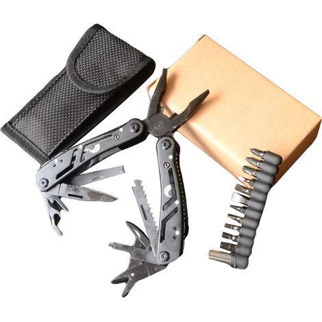 Outil multifonction comprenant pince, couteau de poche, tournevis, lime, ouvre-bouteille et scie, idéal pour le camping en plein air.