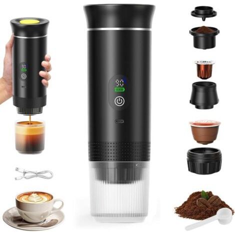 Machine à Expresso Portable Rechargeable 3 en 1, Compatible Capsules et Café Moulu, Acier Inoxydable Noir