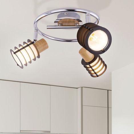 Plafonnier métal bois salle à manger design lampe spot rond chrome noir marron plafonnier salon, en verre, spots mobiles, 3x E14 max. 40W, 25 cm (1/4)