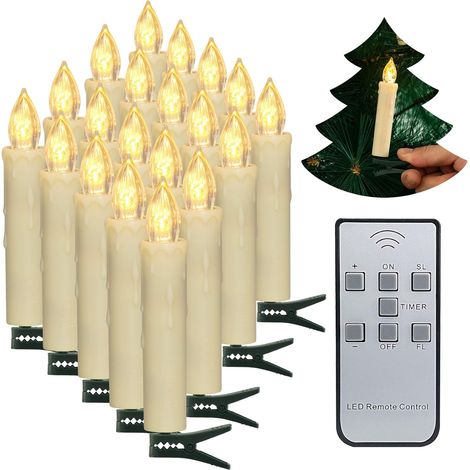 Bougies de sapin de Noël, 20 pièces Bougies d LED Bougies coniques à piles sans flamme avec minuterie à distance/Clips amovibles/Anneaux étanches pour décor d'arbres de Noël à la maison (1/5)
