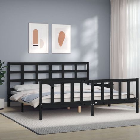 Cadre de lit avec tête de lit noir 200x200 cm bois massif (1/5)