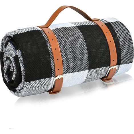 Couverture de pique-nique imperméable d'extérieur 200x200cm, portable et pliable, idéale pour le jardin, le camping, la plage ou le parc. Motif à carreaux noirs, gris et blancs (avec sangle en cuir). (1/5)