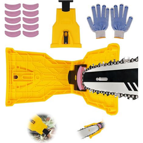 Affûteur de tronçonneuse portable, chaîne avec 10 pierres à aiguiser et une paire gants jaunes, universel - (1/5)