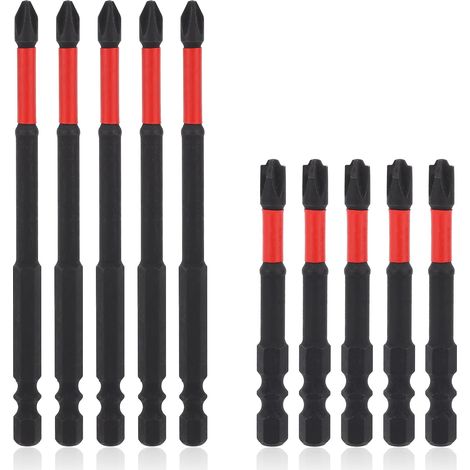 10pcs Set d'Embouts Tournevis à Choc FPH2, 65mm et 110mm Long Embouts à Tête Fendue Choc Tige Hexagonale 1/4" Magnétique Embouts de Perçage Fente Croisée pour Disjoncteurs et Électriciens (1/5)