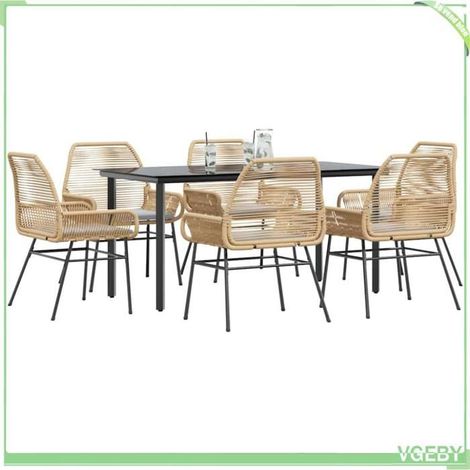 Ensemble à manger jardin - 7291712450808 - Poly rotin marron - Table verre trempé 160x80x74 cm - 6 chaises + 6 coussins (1/5)