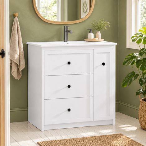 Mueble de baño con lavabo 76 x 46 x 82 cm, 4 cajones, cerámica y MDF, blanco DESVIAE (1/5)