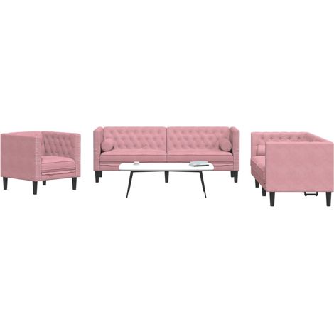 Teenpull – 3-tlg. Chesterfield-Sofa-Set mit Nackenrollen Rosa Samt (1/5)