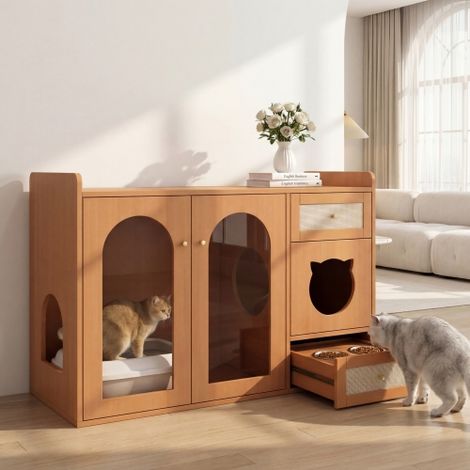 Katzenklo Schrank 120x45x83 cm, Mehrzweck Katzenhaus Möbel mit Futternäpfen, Glastür, Ruheraum, Schublade und Stauraum, Nussbaumfarben