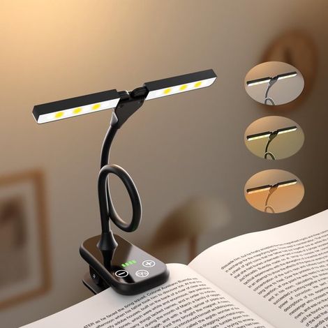 Lámpara de lectura portátil y recargable: doble cabezal，atenuación continua，3 temperaturas de color que cuidan la vista，brazo giratorio de 360°