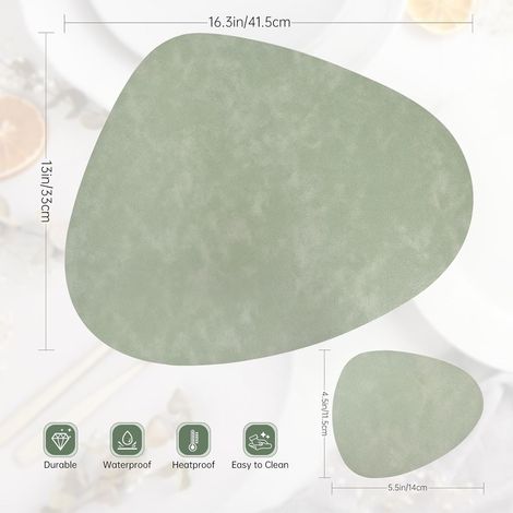Set aus 6 Platzsets und Untersetzern, runde Platzsets aus PU-Leder, doppelseitig wasserdicht, abwaschbar, rutschfest und hitzebeständig (grün, weiß und elfenbein).